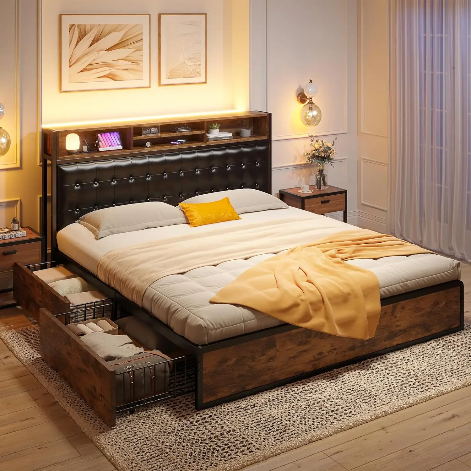 Estrutura de cama queen com 4 gavetas de armazenamento Estrutura de cama queen com cabeceira estofada Estrutura de cama queen size com carregamento embutido