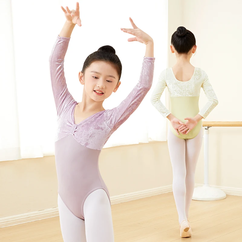

Детские балетные трико для девочек, бархатные танцевальные боди с длинными рукавами, нейлоновые теплые балетные танцевальные костюмы