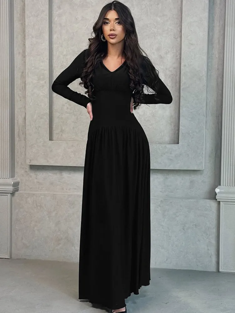 XIAOTANG Herbst Langarm Sexy Maxikleid für Frauen Fashion Solid V-ausschnitt Hohe Taille Schlank Elegante Club Party Plissee Langes Kleid