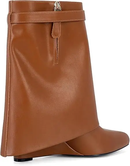 Fashion Women\'s Ankle Boots Wedge Newest 2024 Shark Lock Vintage Mid-Calf Boots Luxury Pointed Toe Short Boots