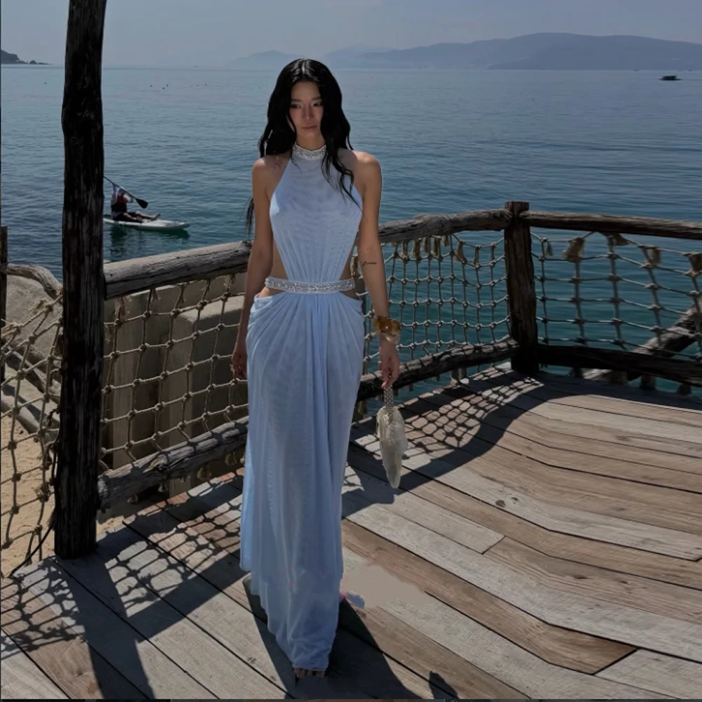 

Custom Made Sexy Light Blue Halter Neck Cutout Waist Maxi Dress Rhinestone Waistband Long Formal Dress for Cocktail Party Beach
