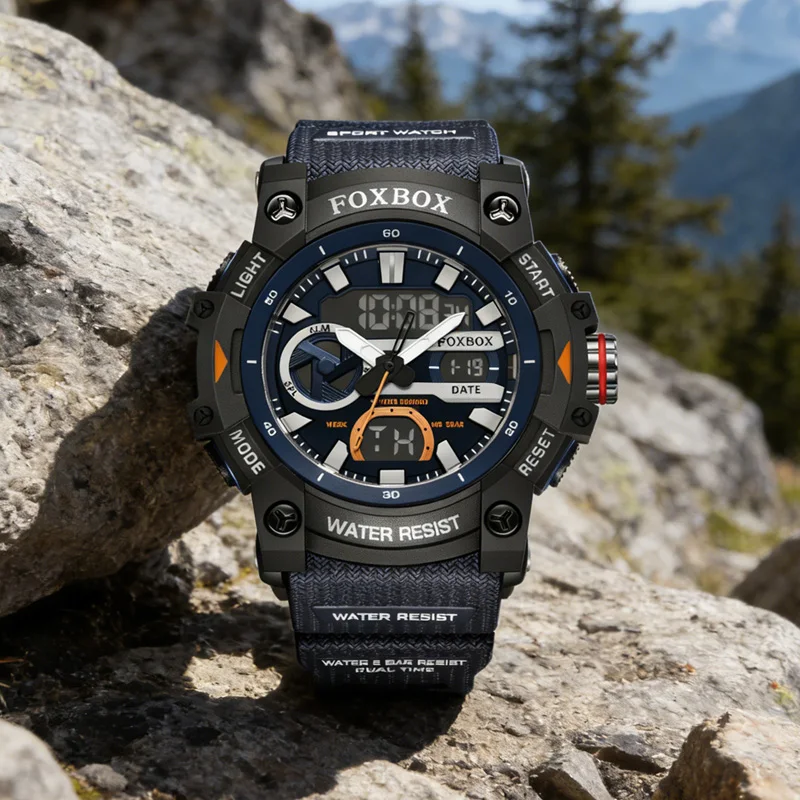 

FOXBOX Спортивные часы Военные наручные часы для мужчин Будильник Секундомер Светодиодная цифровая подсветка Двойной дисплей времени Водонепроницаемые часы для мужчин