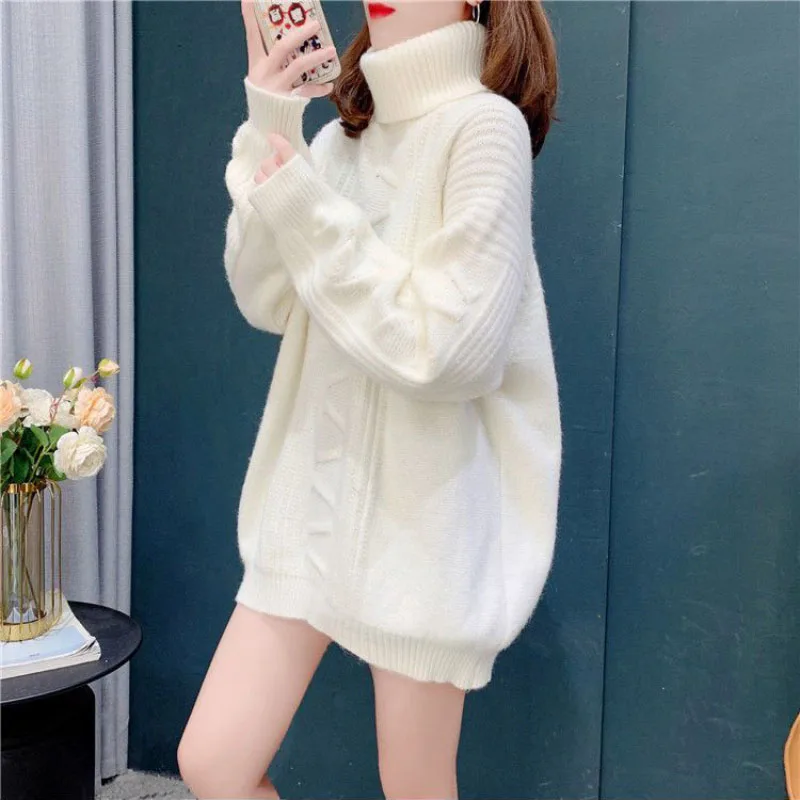 Vintage Turtleneck Pullover Women\'s Outside Wear Autumn Winter 2024 New Fashion Loose Long-Sleeved Knitted Sweater Jacket