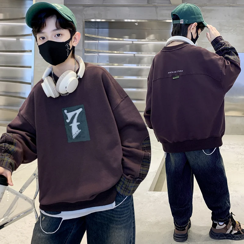 

2025 Autumn Kids Boys Sweatshirt Cotton Plaid Sleeve Hoodie Children Casual Pullovers Clothing Loose Fit Spring Fall Clothes