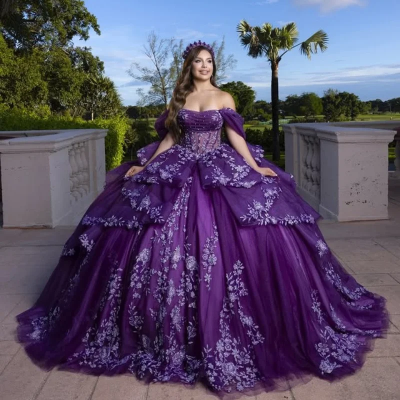 

Purple Quinceanera Dress Crystal Glitter Decal Lace Layering off-shoulder Long tail Bow Vestidos De 15 Quinceanera ﻿Customize