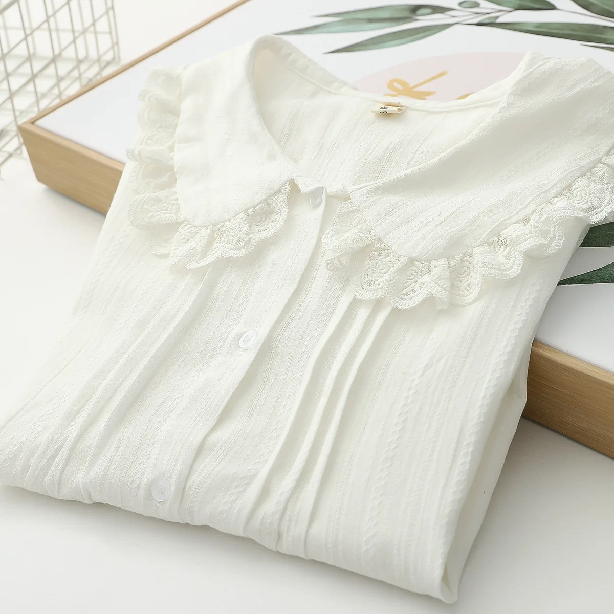 New Spring Cotton Lace Shirt Women Peter Pan Collar Long Sleeve Tops Girl Academic Style Casual Blouses 2024 Autumn T43071QC