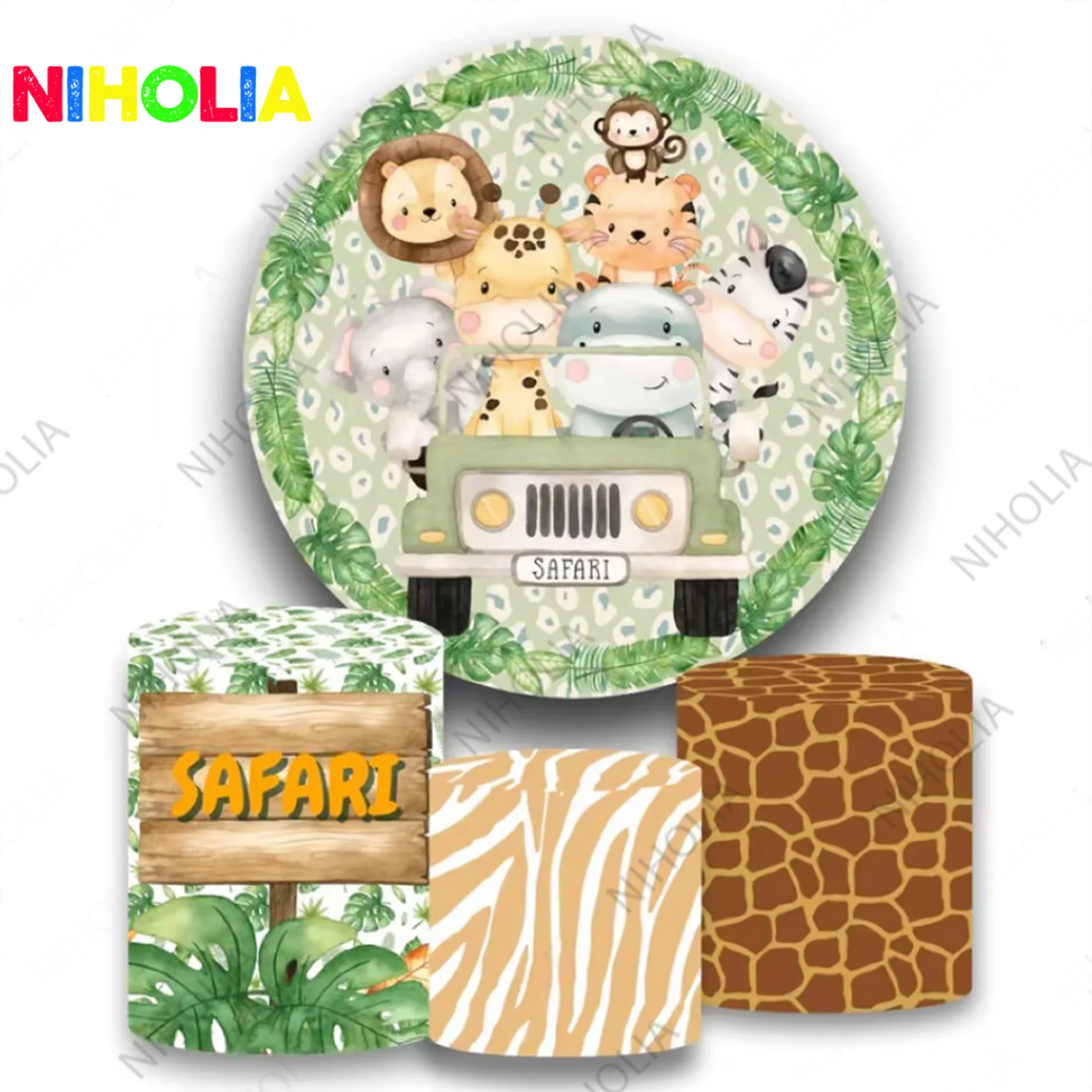 Niholia Safari Animals Round Photo Backdrop Kids Birthday Party Decoration Baby Shower Circle and Cylinder Covers