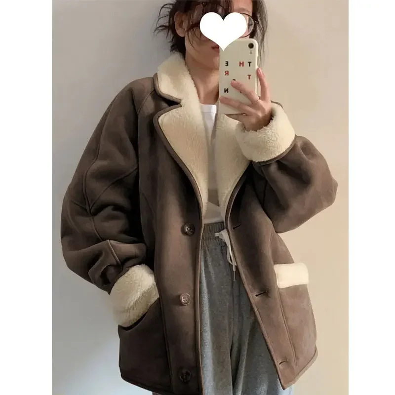 Light brown lamb hair coat jacket women  Korean autumn and winter vintage style deerskin thickened cotton padded jacket women