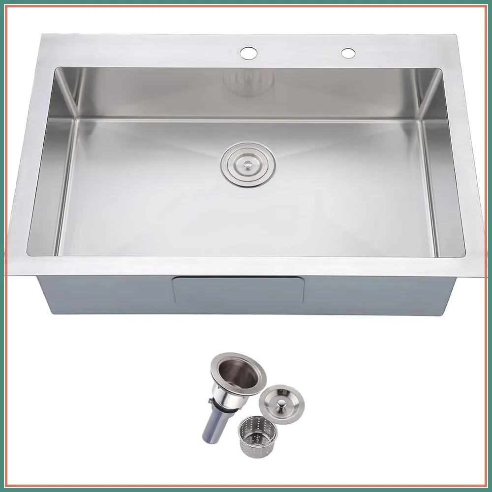 30 Inch Drop in Kitchen Sink, 30x18 Top Mount Commercial Handmade 18 Gauge Single Bowl Stainless Steel Sink With Basket Strainer