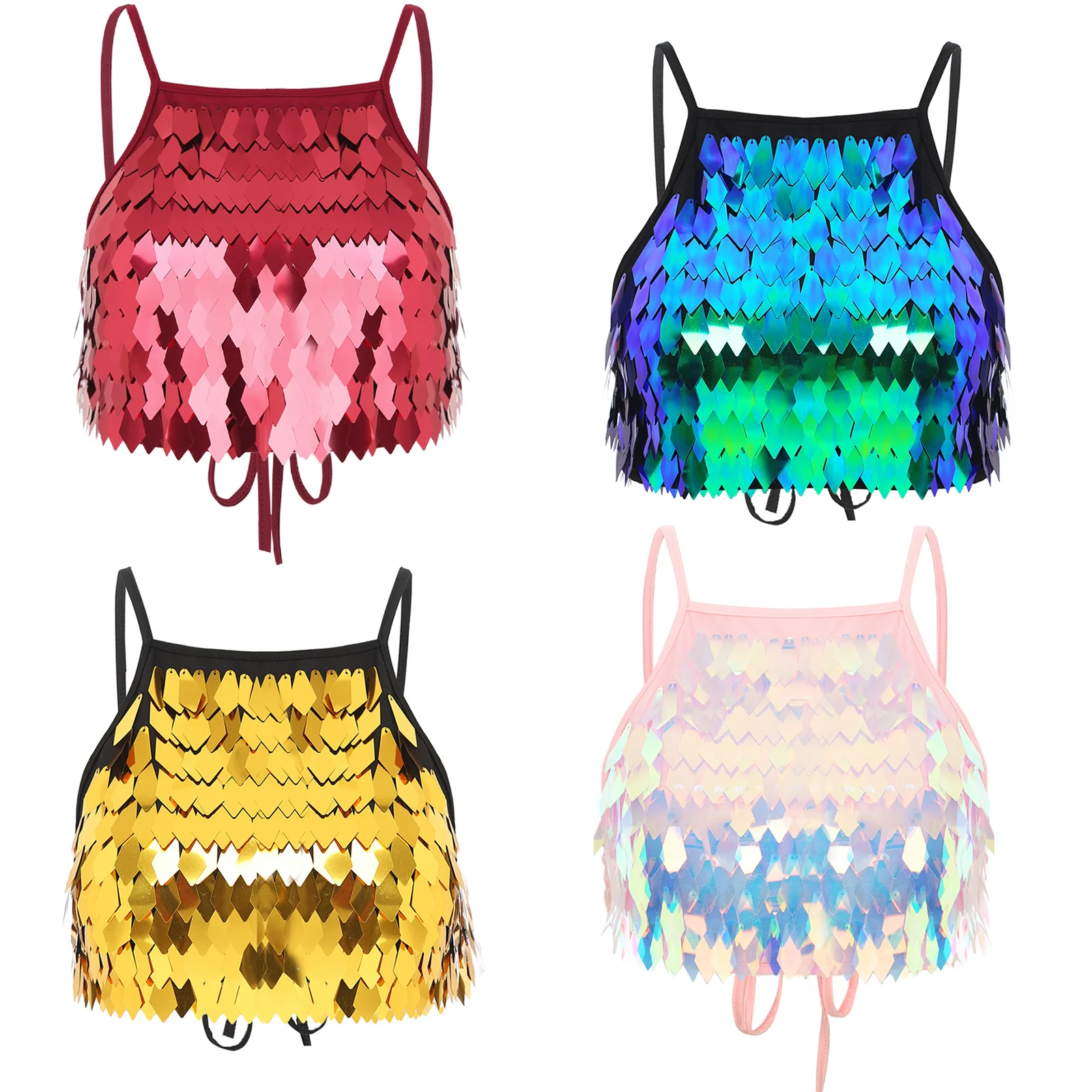 Glitter Sequin Tassel Bra Top Lace-up Tank Top Camisole Women Belly Dance Crop Top Vests Cropped Bralette Glitter Camis Clubwear