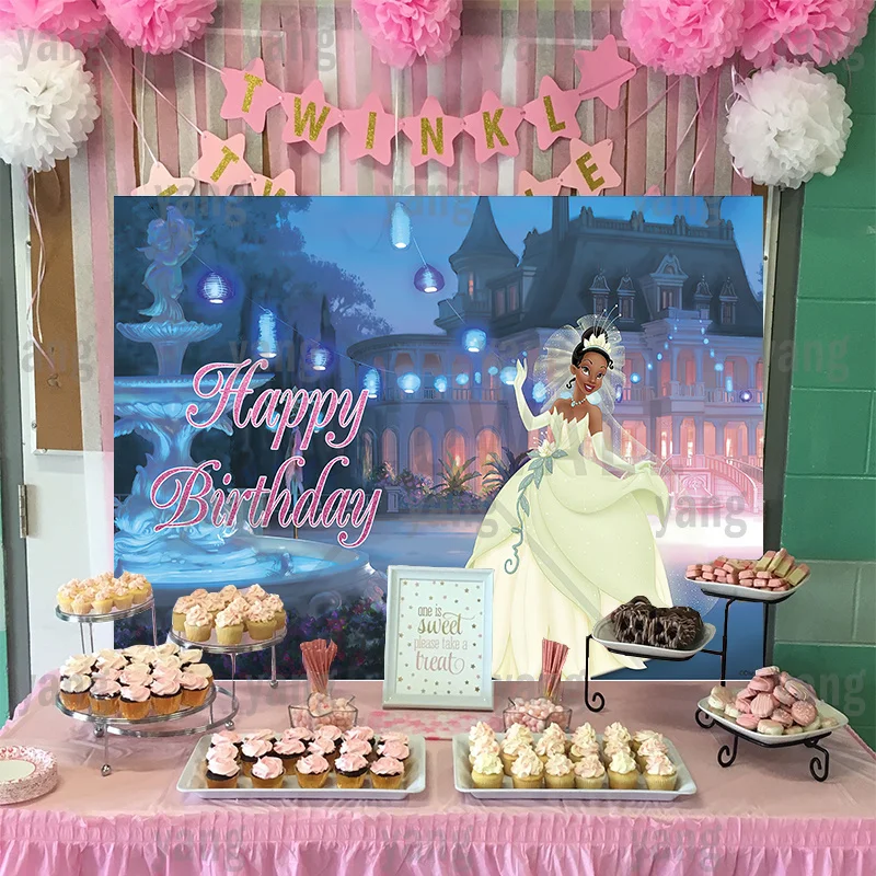 Luminous Night Castle Happy Birthday Backdrop Baby Shower Disney Girls Princess Tiana and The Frog Party Banner Background