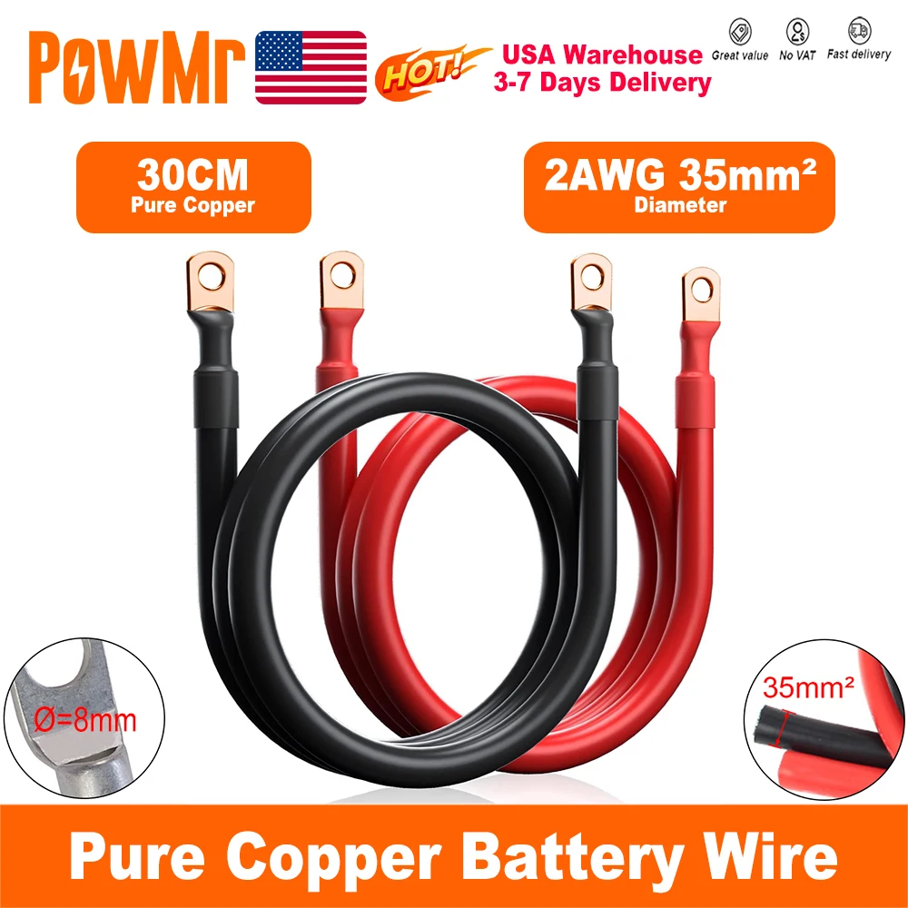 

35mm² Soft Battery Connection Cable 2 AWG Stranded Copper Wire With Heavy Duty M10 Lug For Inverter Car Solar UPS Marine Boat