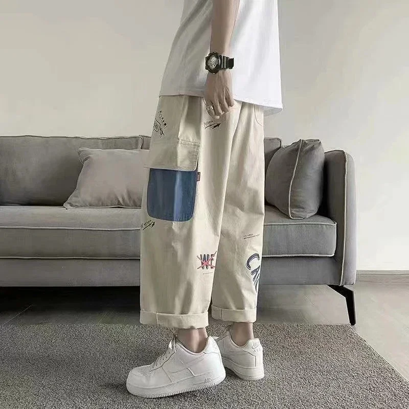 

Men's Hip Hop Cargo Pants Print Pocket Baggy Loose Casual Trousers Male Japanese Patchwork Streetweer Harajuku Cartoons Graffiti