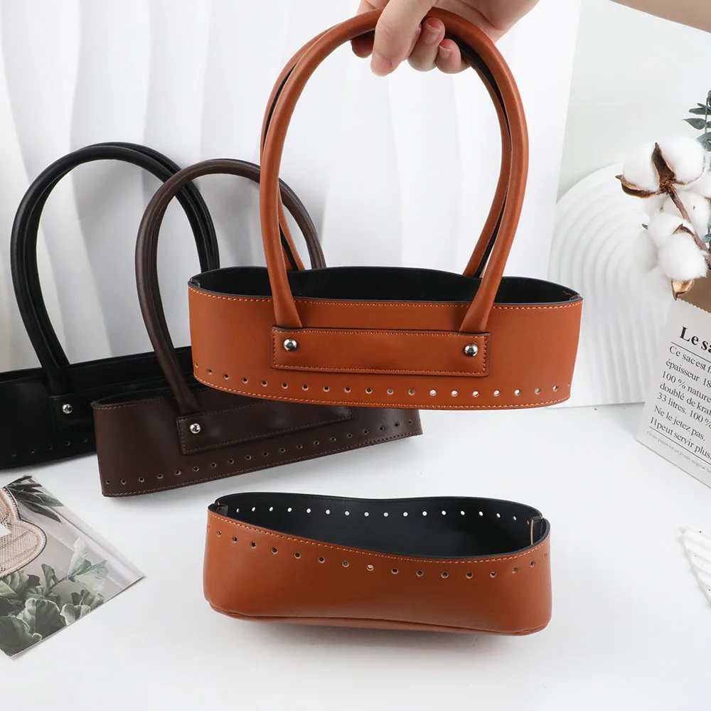 2PCS Handmade Crochet Bag Accessories Kit Vintage Solid Color Handle Bottom For Handbag PU Leather Crossbody Bag Sewing Material