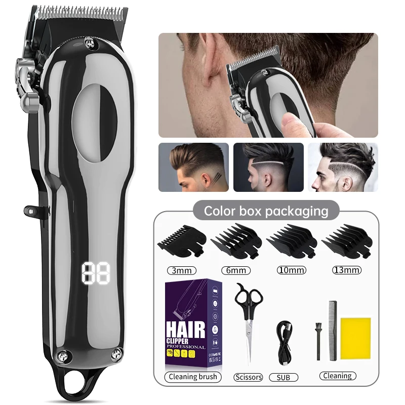 LCD Digital Hair Clipper Cordless USB Rechargeable Barber Hair Trimmer with 4 Guide Combs & Scissors for Men