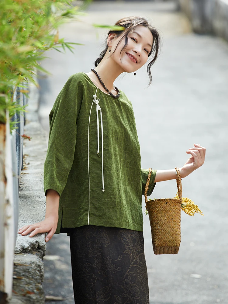 

Limited Edition Original Design Silk Tortoise Pattern Loose Women's irt Chinese Artistic Sle Long Sve round Ne Top