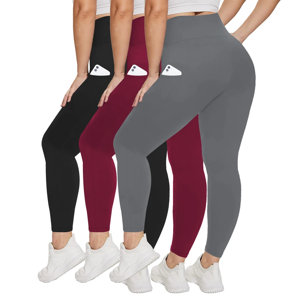 Yoga calças de cintura alta do spandex para mulheres, leggings plus size com bolsos, calças de treino macio, 3 pacotes