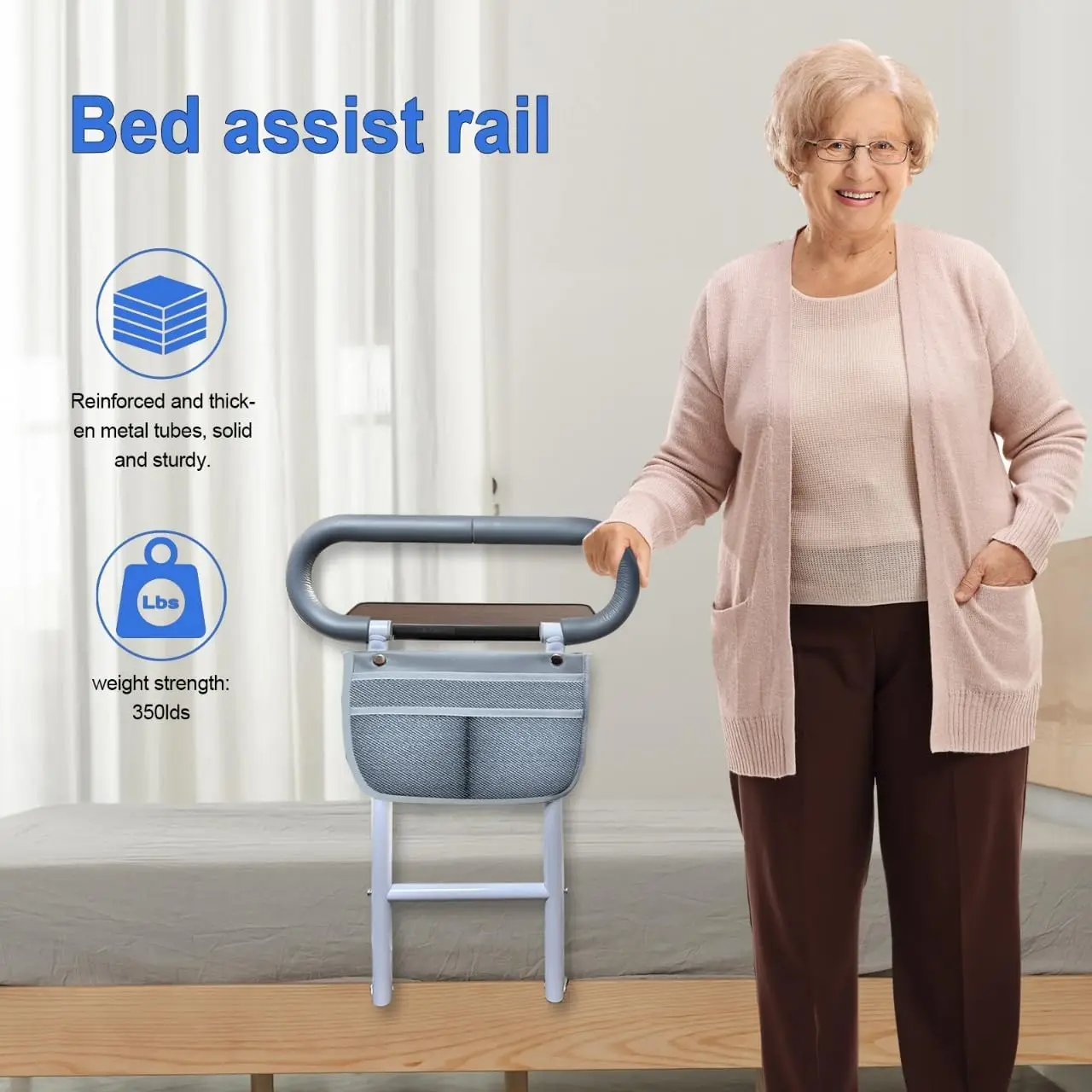 

Bed Rails For Elderly Adults Safety With Foldable Table, Pouch. Bed Guard Rails For Seniors Use Of Reinforced And Thien Steel
