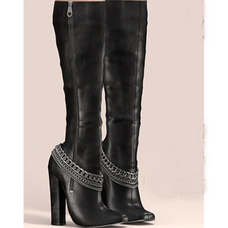 

Black Chain Zipper Leather Boots Chunky Heel Pointed Toe Fashion Sexy Cool 2025 Winter Big Size Woman Shoes Zapatillas Mujer