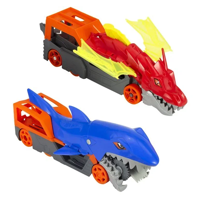 Original Hot Wheels Car Speedway Hauler Storage Carrier Drag Race Track Kids Boys Shark Chomp Transporter Toys for Children Gift