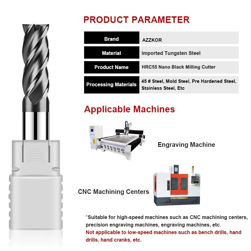 AZZKOR HRC55 텅스텐 스틸 카바이드 블랙 나노 코팅 밀링 커터, CNC 기계 가공 엔드밀, 4 플루트 플랫 엔드 밀