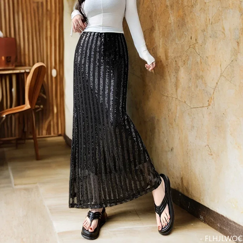 2025 Spring Ladies Night Outfit Party Wear Women's Striped Sequin Midi Skirt Black Glitter Sequined Long Maxi Skirts