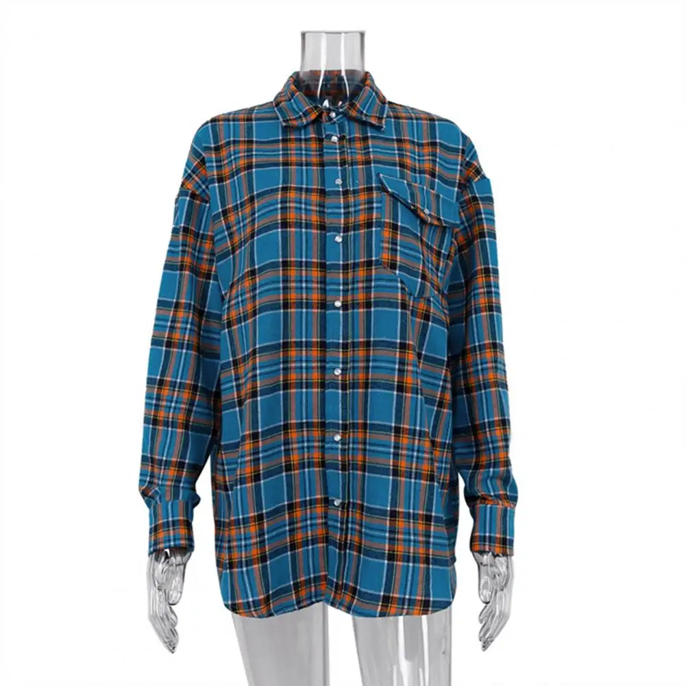 Breathable Top Plaid Print Lapel Shirt Coat for Women with Single-breasted Buttons Flap Pockets Loose Fit Long Sleeve for Women