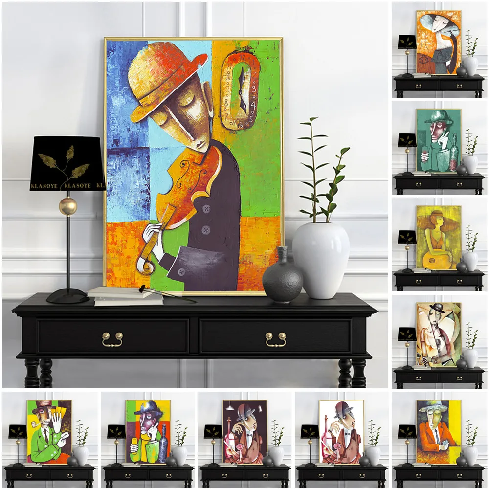 

Vintage Abstract Violin Drink Man Poster Smoke Woman Print Art Wall Picture Bar Pub Club Canvas Painting Classic Style Decor