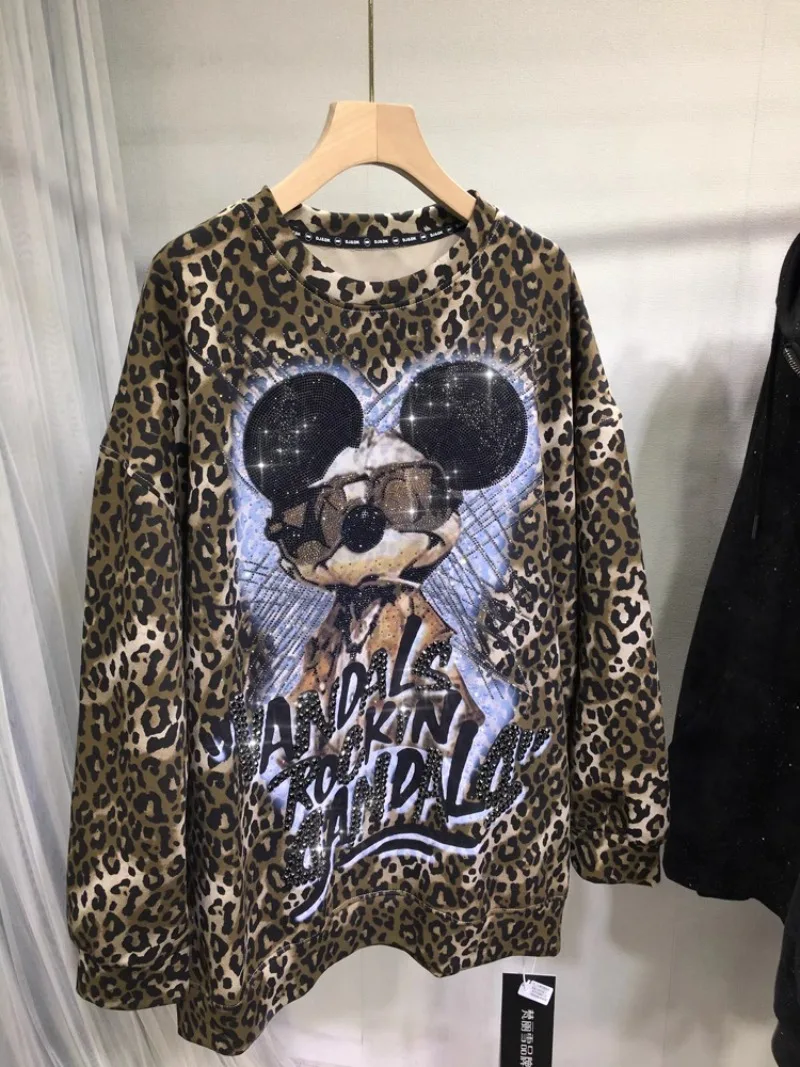 Mulheres Diamante brocas moletons dos desenhos animados, Hoodies de mangas compridas, estampa de leopardo, solto, médio, fino, Tees extragrandes,