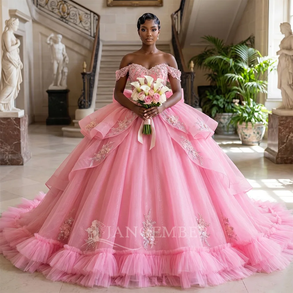 Glitter Sweep Train Quinceanera Dresses Ball Gown Formal Prom Graduation Gowns With Scoop Princess vestidos de 15 quinceañera