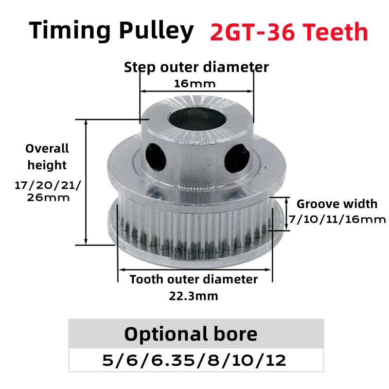 1Pcs GT2 Pulley BF-type 36Tooth Bore 5mm 6.35mm 8/10mm Timing Pulley Gear Alumium for 2GT Belt Width 6/10mm for 3D Printer Parts