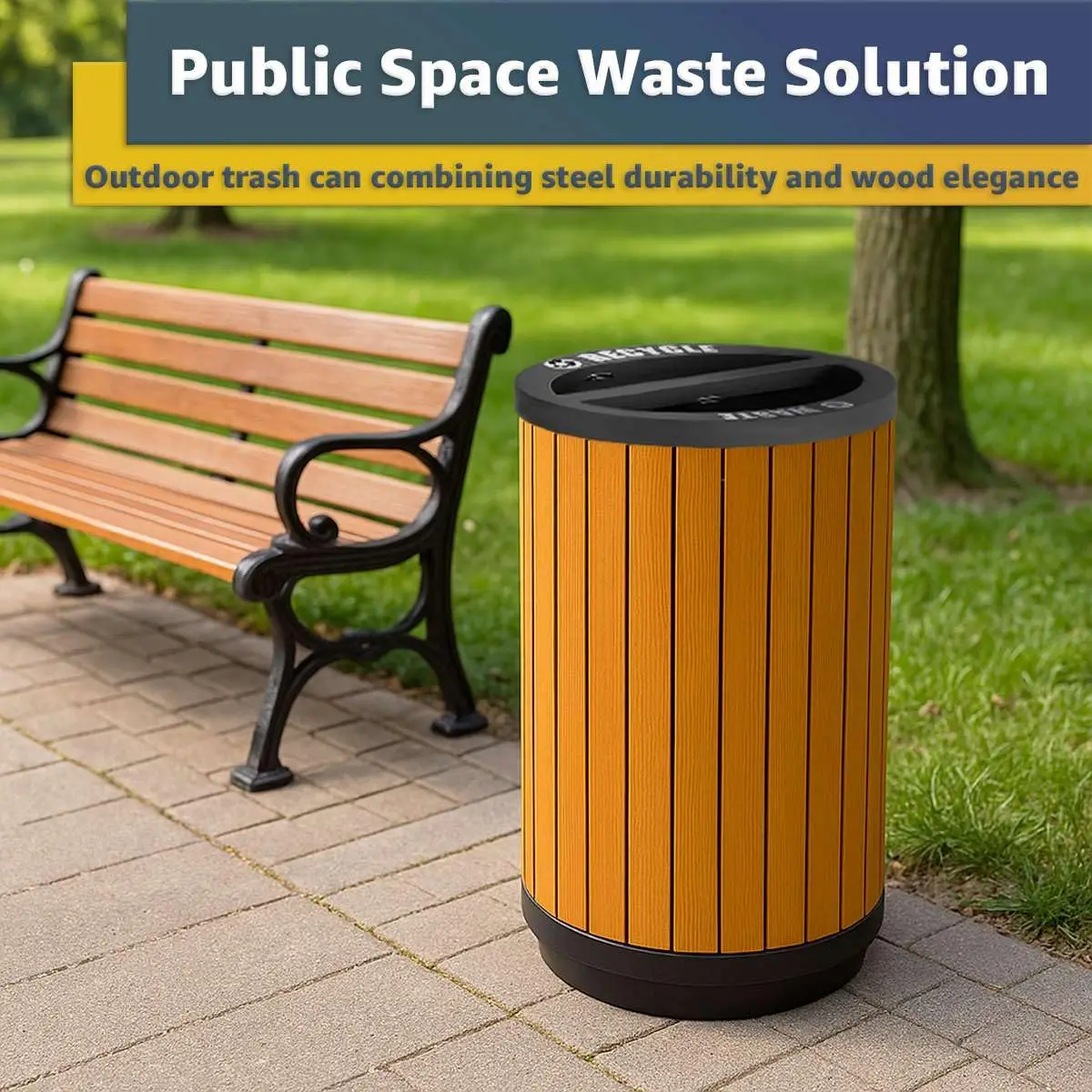22 Gallon Round Outdoor Two-Stream Trash Can Recycling Bin - Commercial Dual Stainless Steel / Wood Compartment 11, Customized