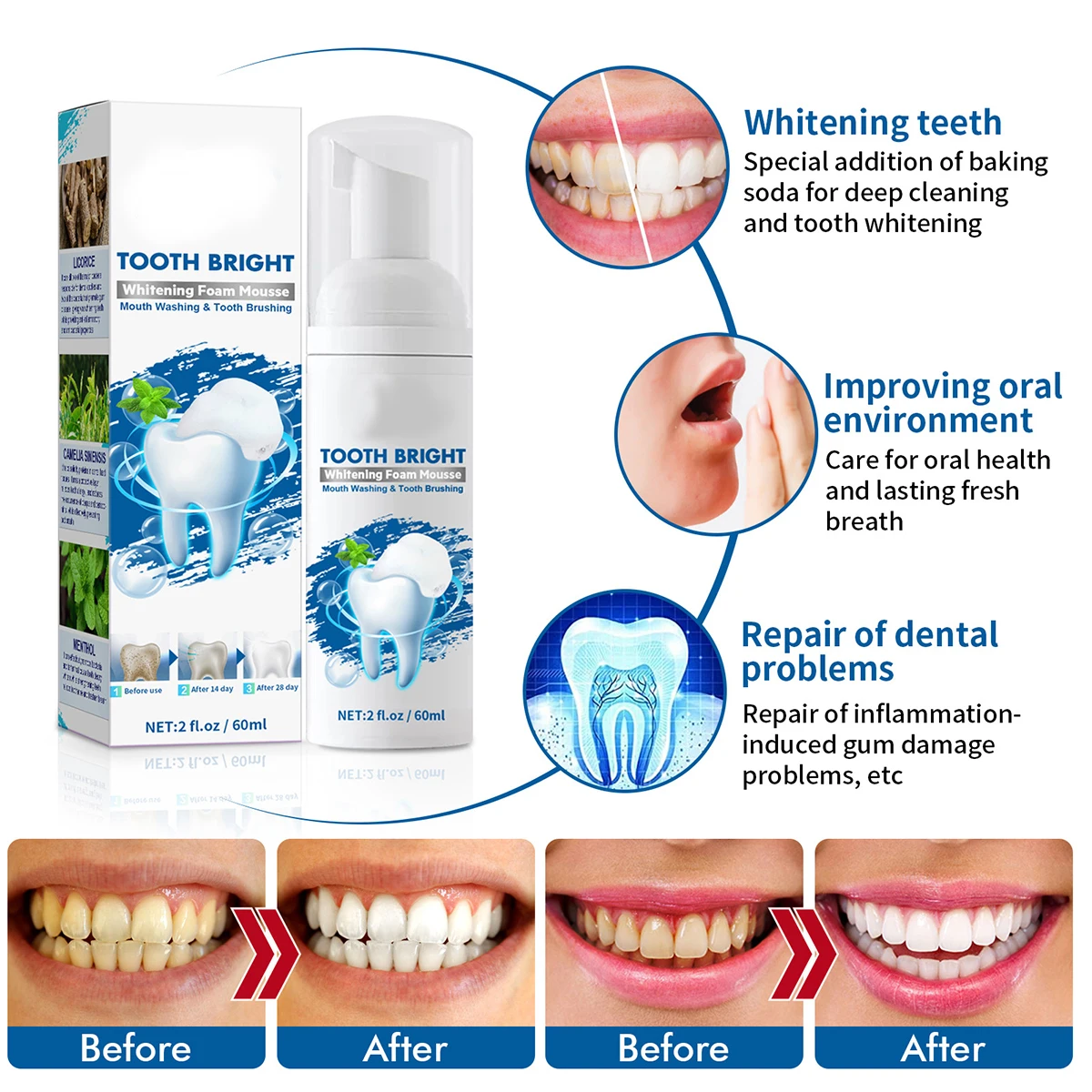 

60Ml Whitening Mousse Toothpaste Effective Cleaning Mouth Washing Simple Design Convenient Carry Teeth Brushing Foam