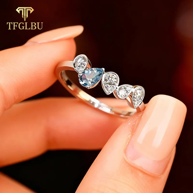 

TFGLBU Romantic 925 Silver Aquamarine Moissanite Ring Wedding Luxury Natural Teardrop Engagement Gemstone Women Fine Jewelry