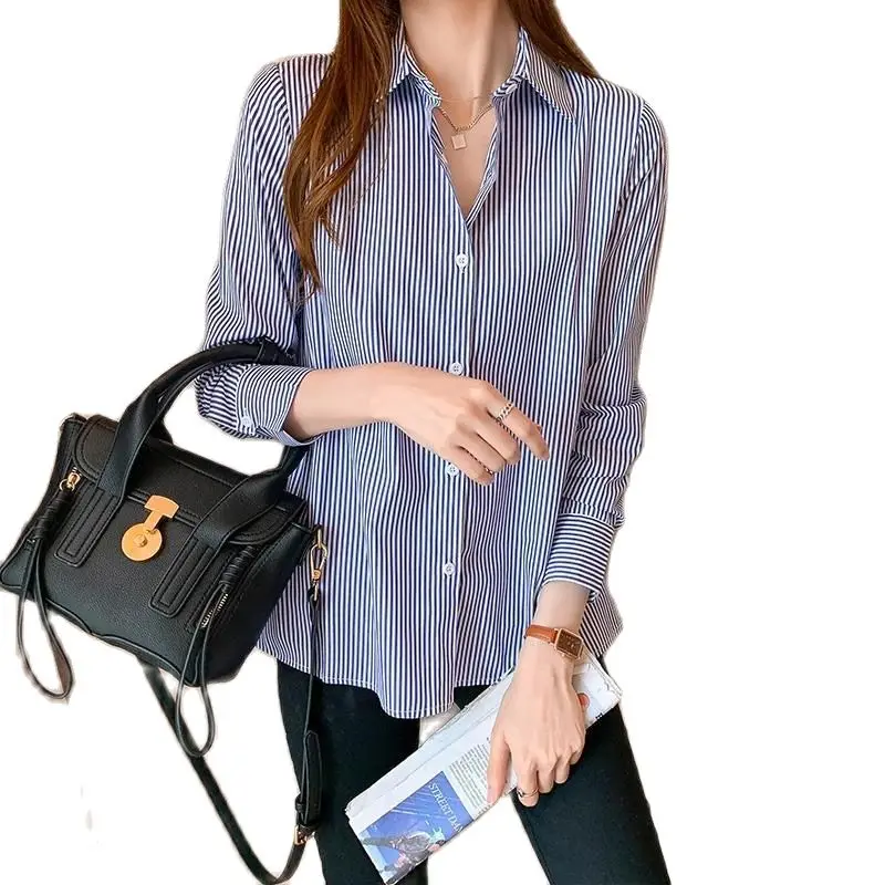 Women Spring Summer Blouses Shirts Lady Fashion Casual Long Sleeve Turn-down Blue Stripes Blusas Tops WY0304