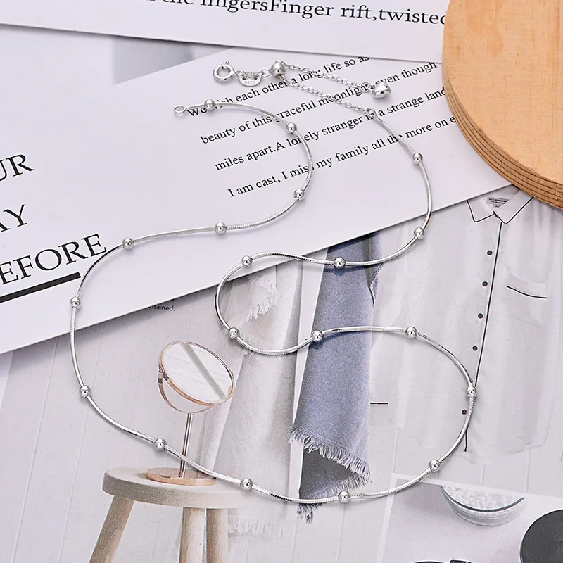 

Стерлингового Серебра 925 пробы, 1 мм, змеиная цепочка, круглая бусина, четки, ожерелье для женщин, сверкающие модные 36 см, регулируемые звенья, ожерелья