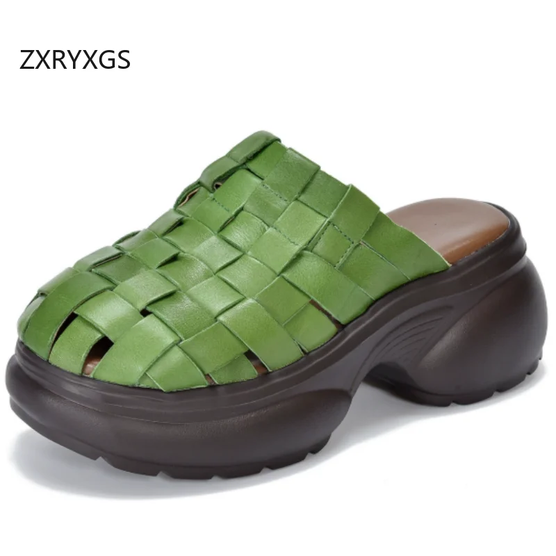 ZXRYXGS 2026 Summer Top Cowhide Woven Round Toe Women Outerwear Slippers Fashion Thick Sole Heighten Shoes High Heel Slippers