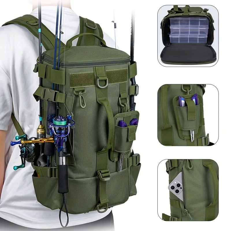 Multifunction Outdoor Backpack for Fishing, Picnic Hiking Shoulder Crossbody Hand Carry Travel Bag with Multiple Pockets