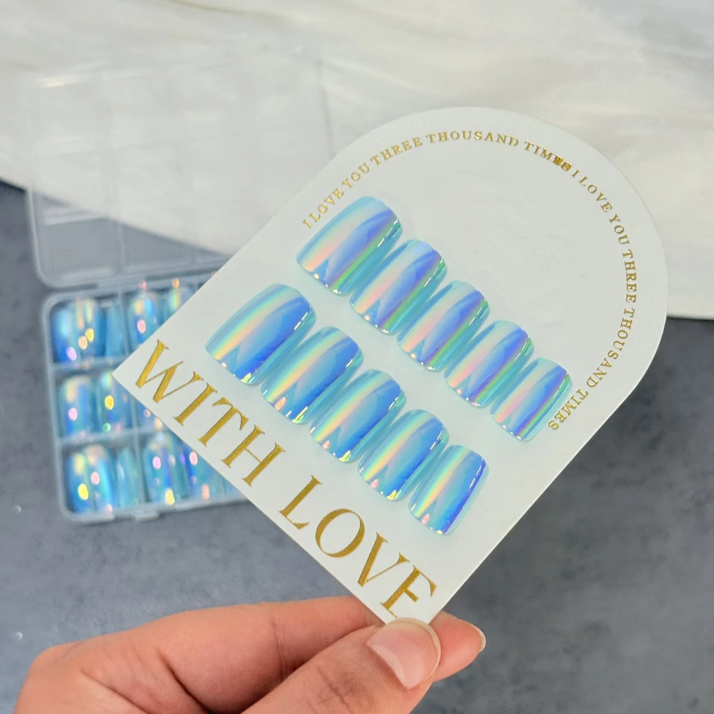 144Pcs Holographic Blue Chrome Press On Nails Iridescent Plating Medium Square Fake Nail for Women Daily Party False Nail Tips D view 4