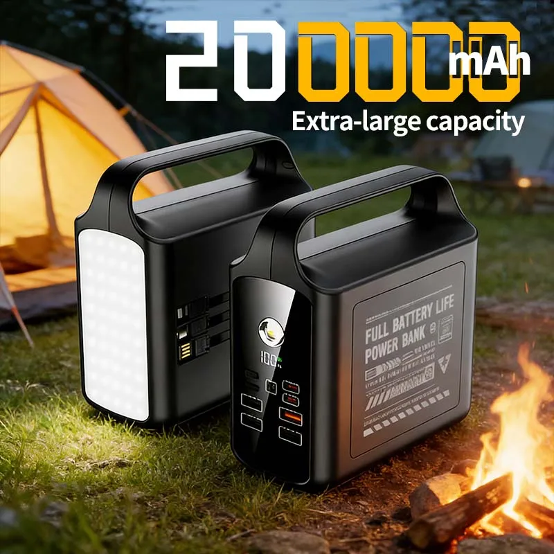 200000mAh Power Bank Large Capacity Portable Outdoor Emergency Power Supply Built-in Cable Camping Light For iPhone