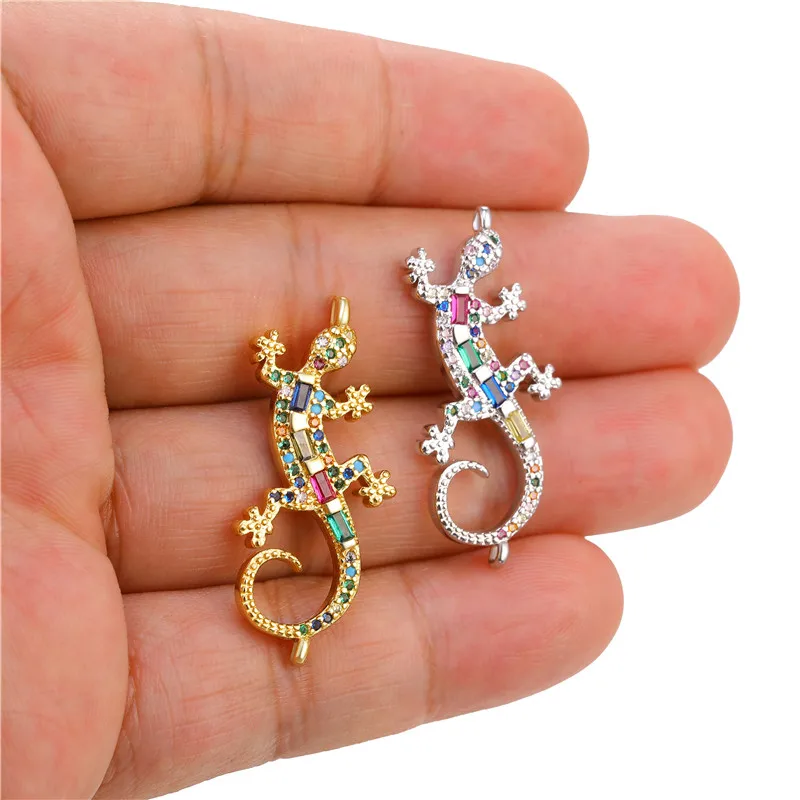 Juya DIY 18K Gold Plated Rainbow Zirconia Lucky Gecko Charms Connector For DIY Women Men Talisman Gift Jewelry Making