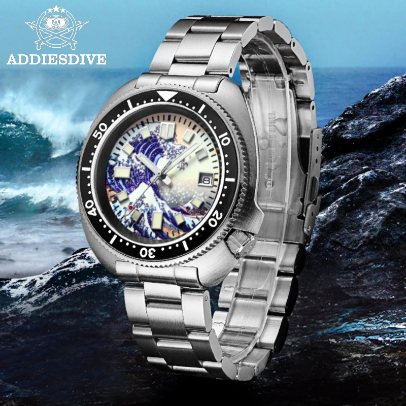 

ADDIESDIVE Men's Watch Automatic Surf Dial Luxury Sapphire Glass Stainless Steel C3 Green Luminous 200M Dive Date Display Reloj