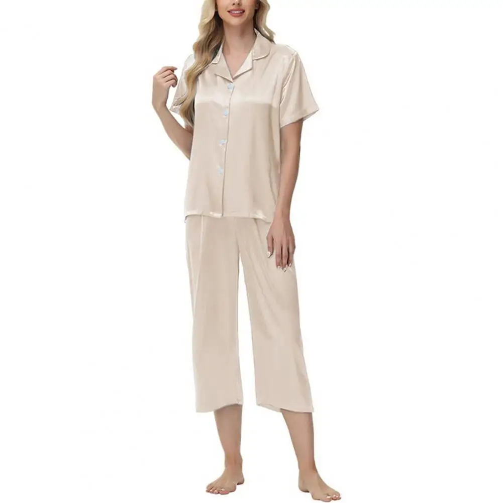 

Women Two-piece Pajama Set Elegant Ice Silk Pajama Set with Button-down Shirt Wide Leg Trousers for Women Comfortable for Spring