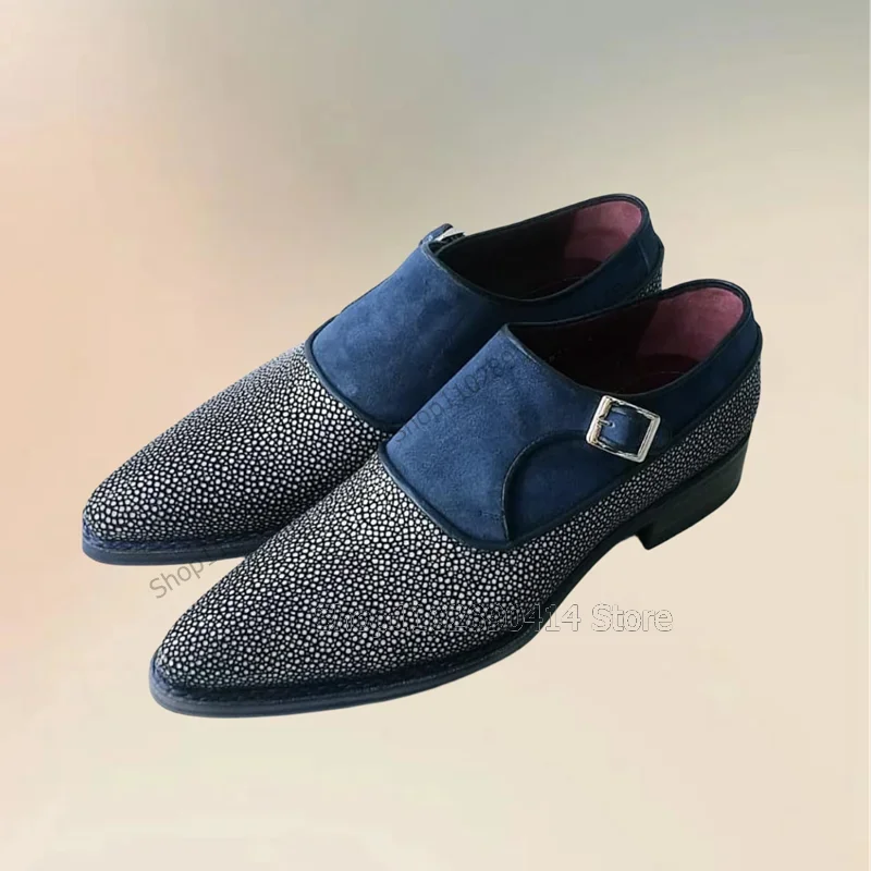 

Blue Patchwork Rhinestone Buckle Decor Men Shoes Fashion Slip On Male Shoes Luxury Handmade Party Banquet Office Men Dress Shoes