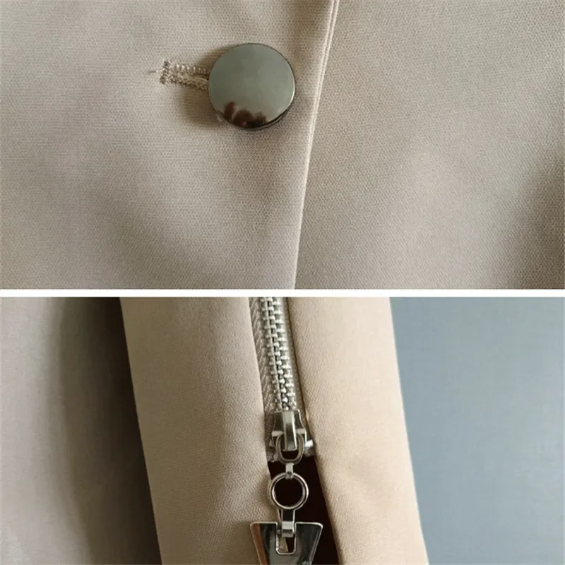 Khaki Schwarz Blazer Frauen Mid Lange Anzug Kragen Oberbekleidung Frühling Herbst Weibliche Single Button Zipper Langarm Anzug Jacke Mantel