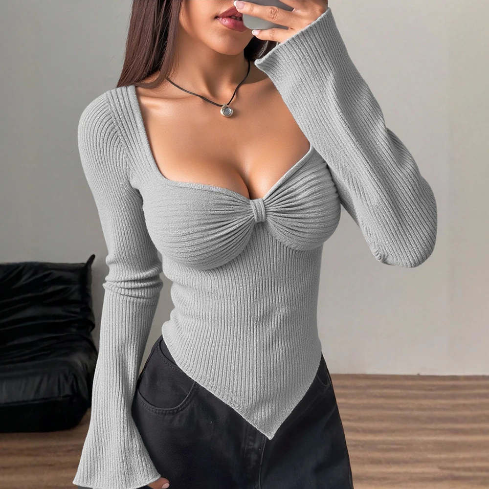 

Mia Muse Women's Autumn T-Shirts Dating Cute Solid Color Long Sleeve Sweetheart Neck Screw Thread Casual Tees
