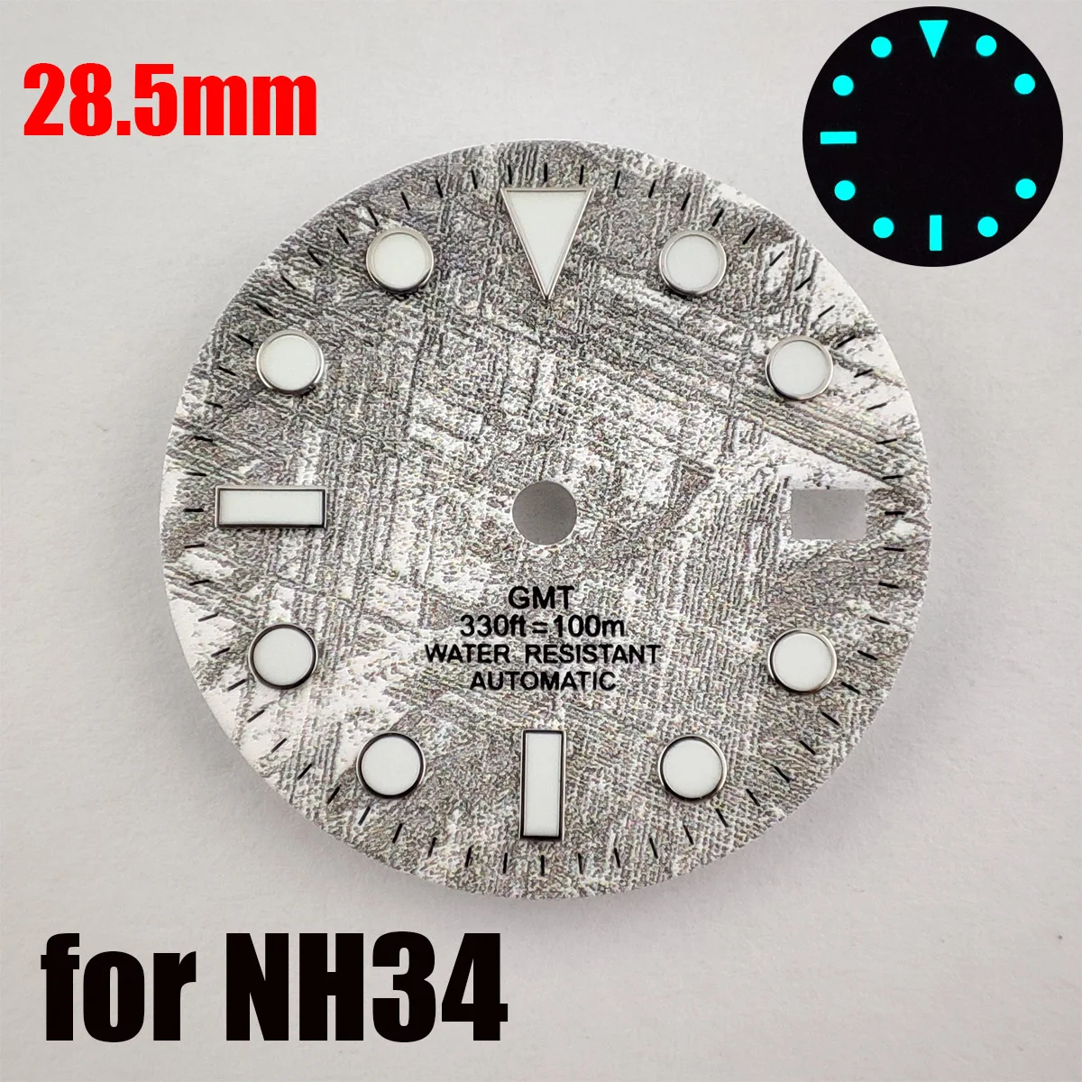 

28.5mm NH34 Dial GMT Watch Master Meteorite Pattern dial Custom DIY Logo NH35 Dials NH35 case Blue Luminous Hands Watches Parts