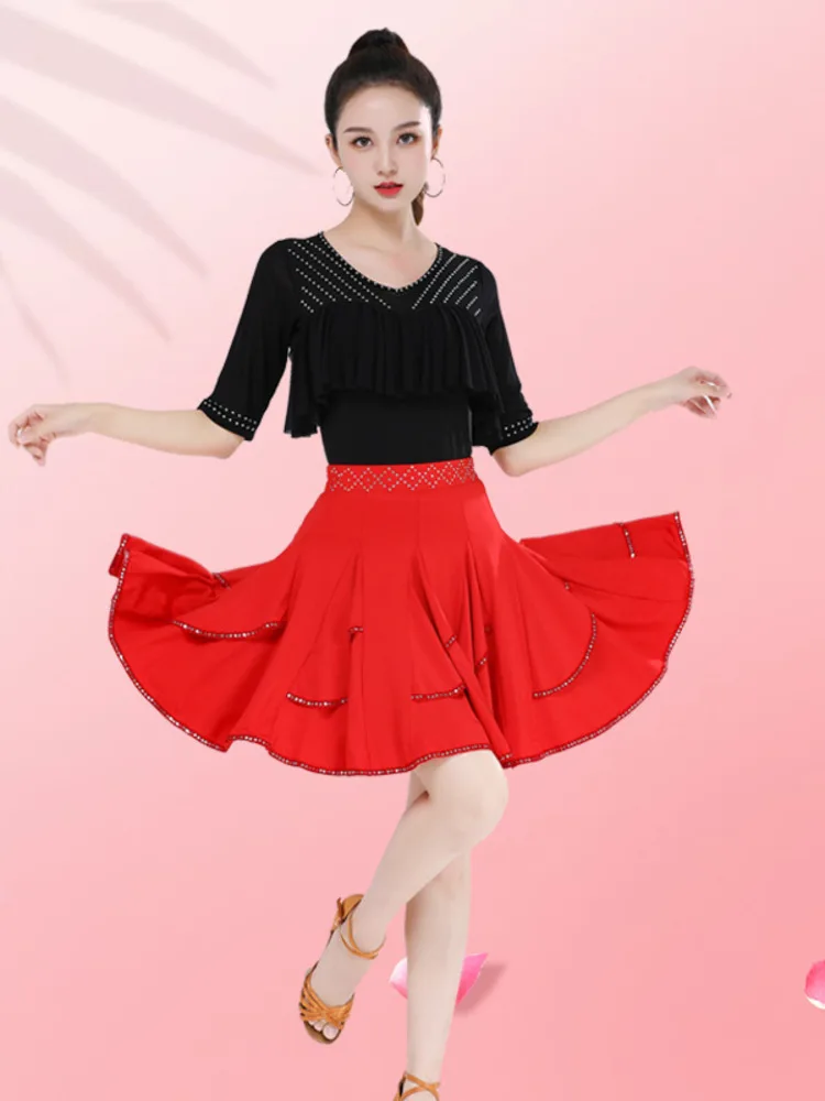 Middle Sleeves Ballroom Dance Competition Skirt Wear Dancewear Classical Rhinestones Waltz Stadium Modern Luxury Latin Women Top