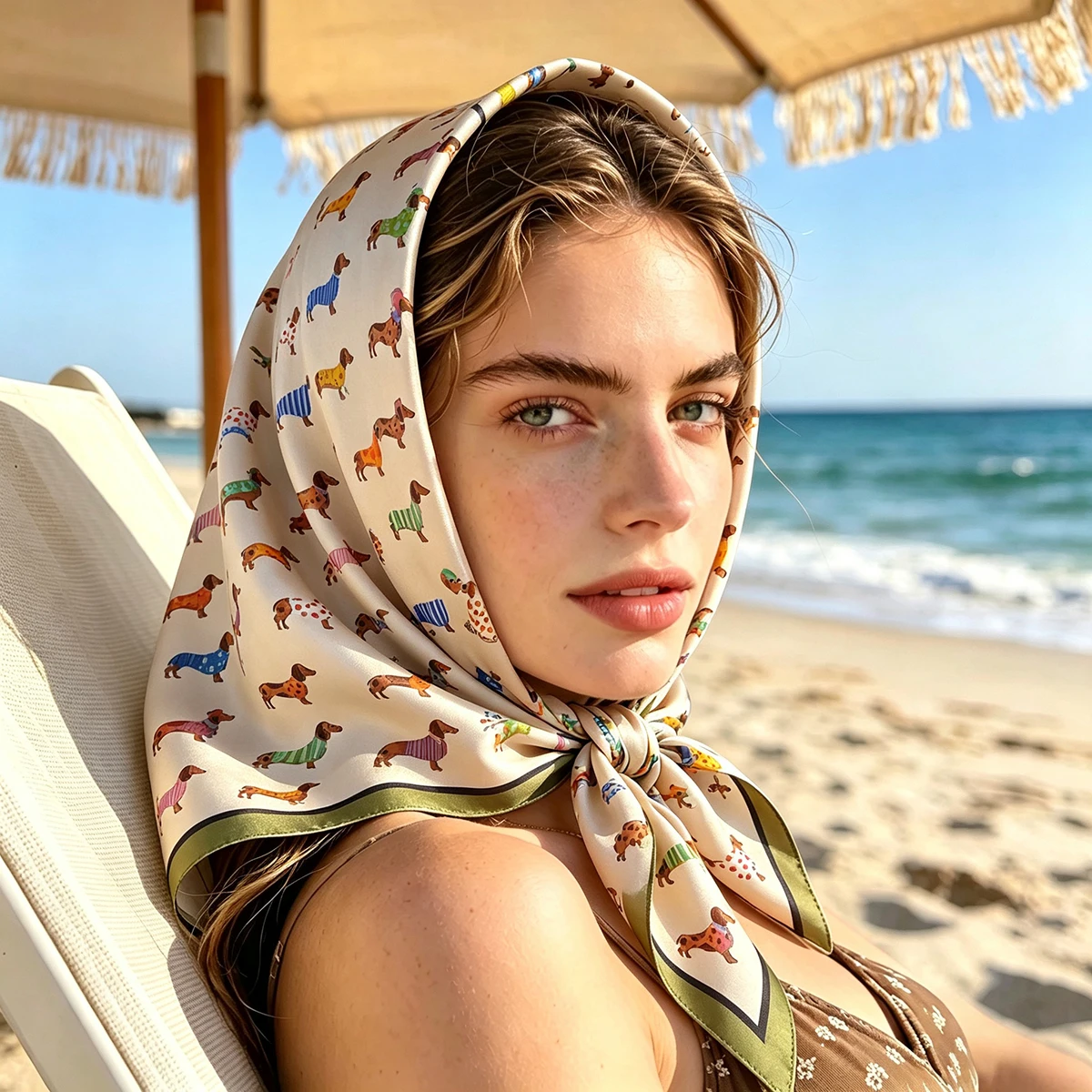2026 Damen Weicher Satin Quadratischer Schal mit Hundemotiv Modischer Hijab Halstuch Foulard Bandana für Stilvolle Kopfbedeckung