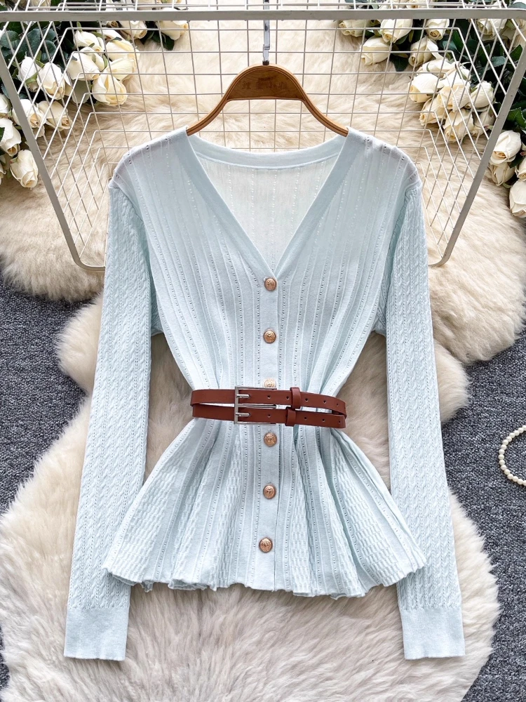 

Fashion Elegant Cardigan Office Lady V Neck Long Sleeve Belt Single Breasted Knit Tops 2025 Autumn Thin Sweaters Women Clothing